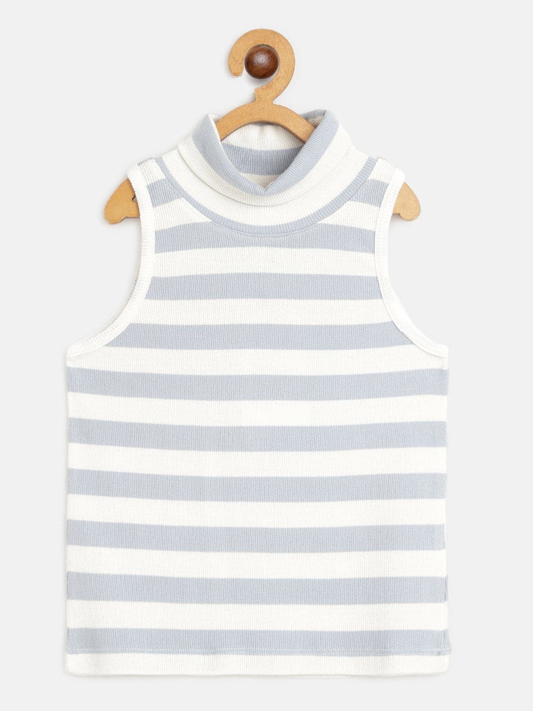 Girls Blue &amp; White Stripes Sleeveless High Neck Rib Top