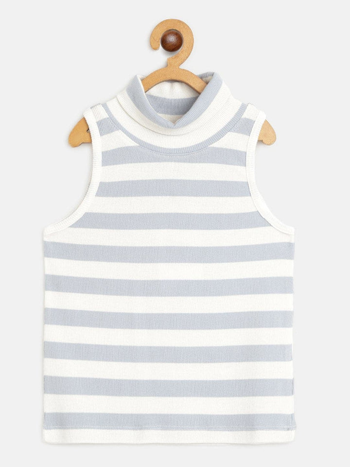 Girls Blue &amp; White Stripes Sleeveless High Neck Rib Top