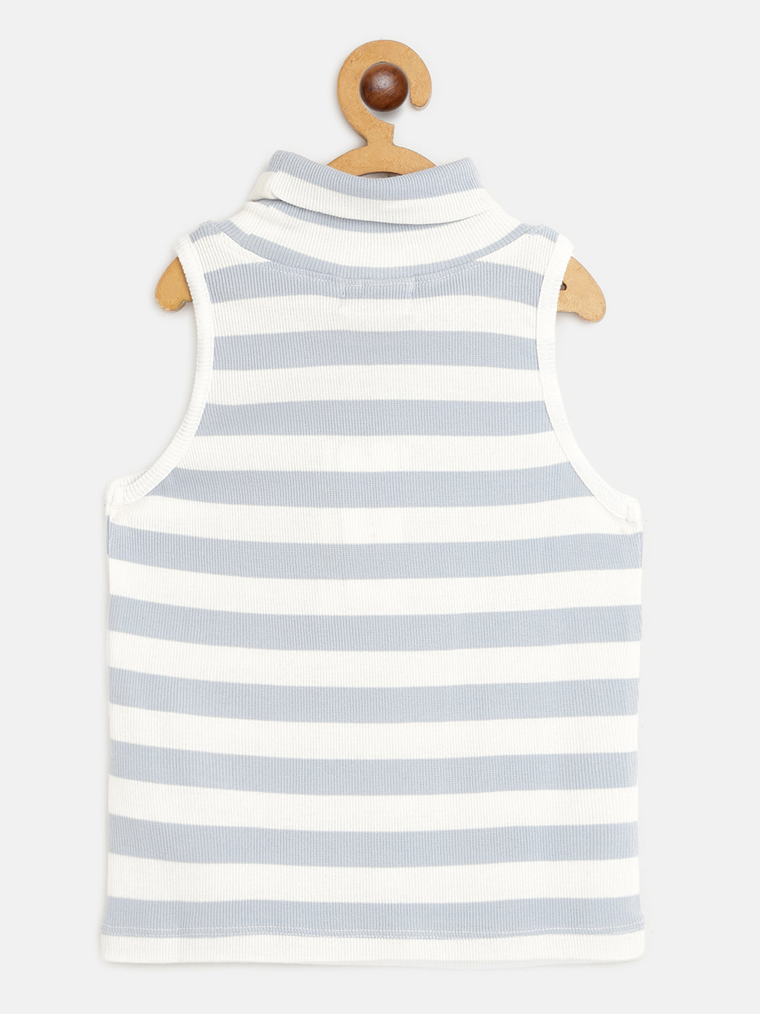Girls Blue &amp; White Stripes Sleeveless High Neck Rib Top