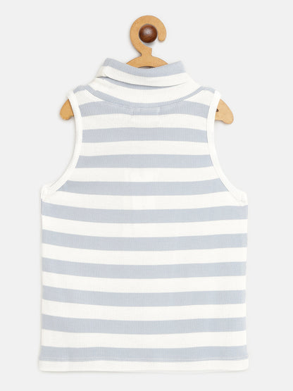 Girls Blue & White Stripes Sleeveless High Neck Rib Top