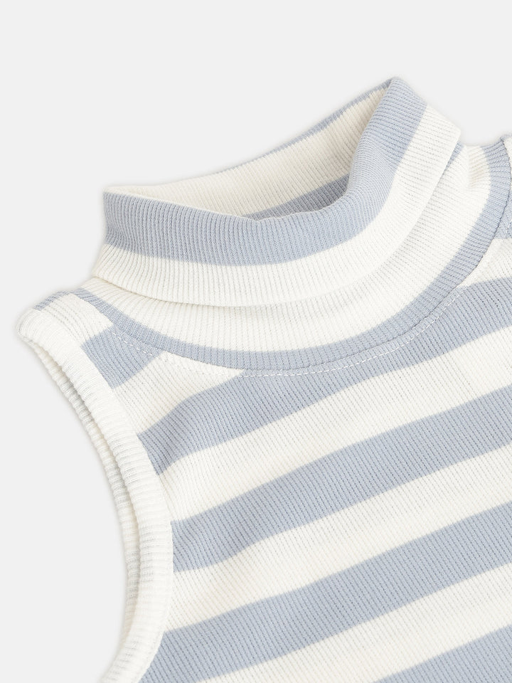 Girls Blue &amp; White Stripes Sleeveless High Neck Rib Top