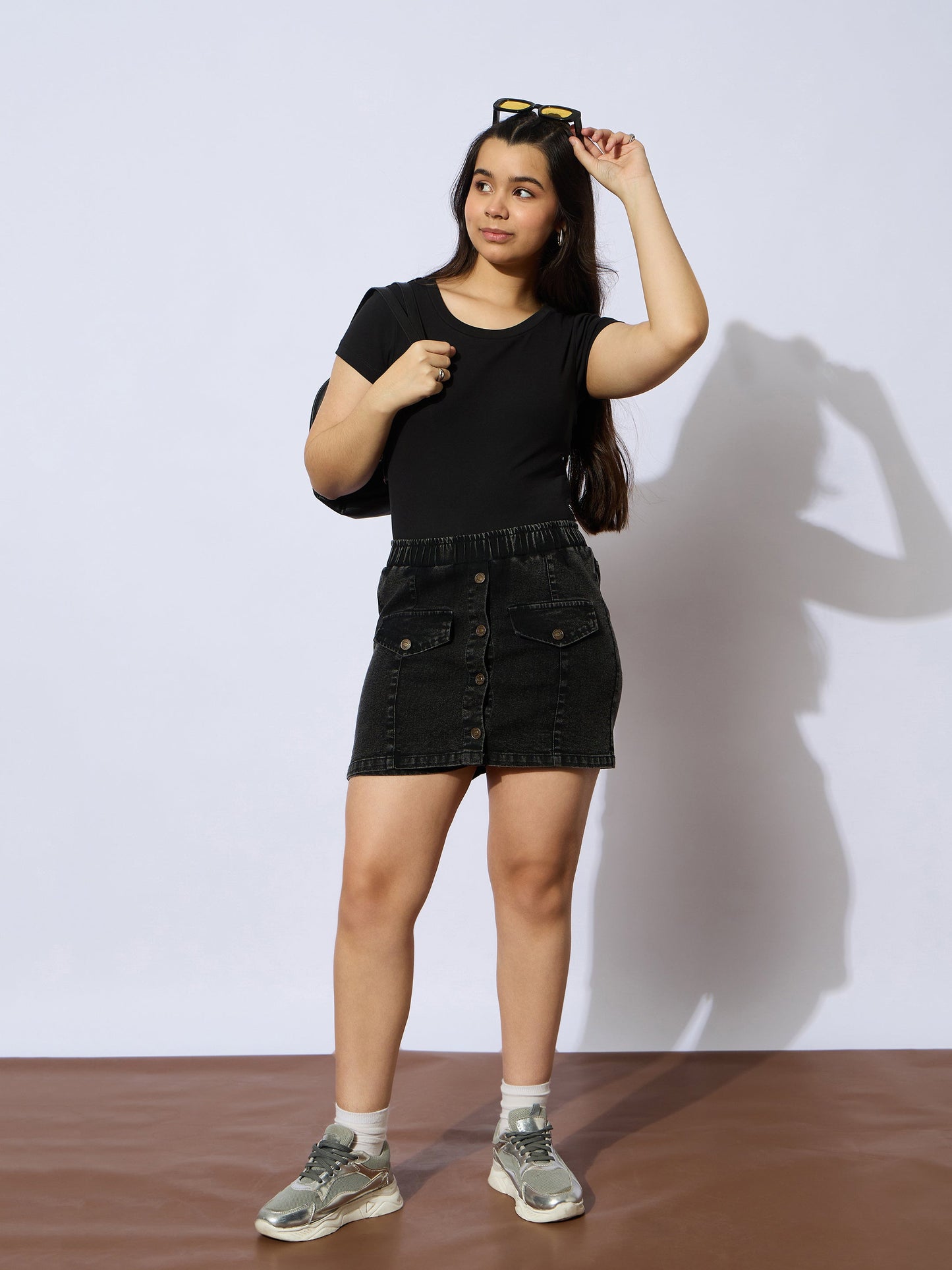 Girls Black Rib Round Neck Short Sleeves Top