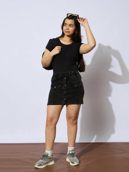 Girls Black Rib Round Neck Short Sleeves Top