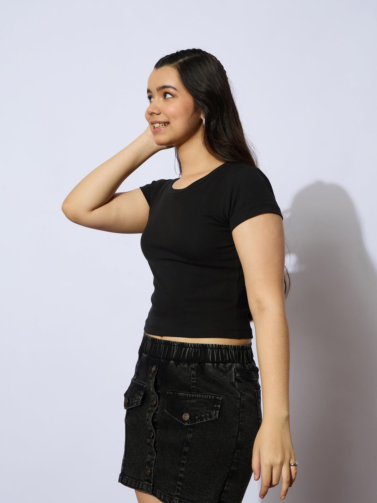 Girls Black Rib Round Neck Short Sleeves Top