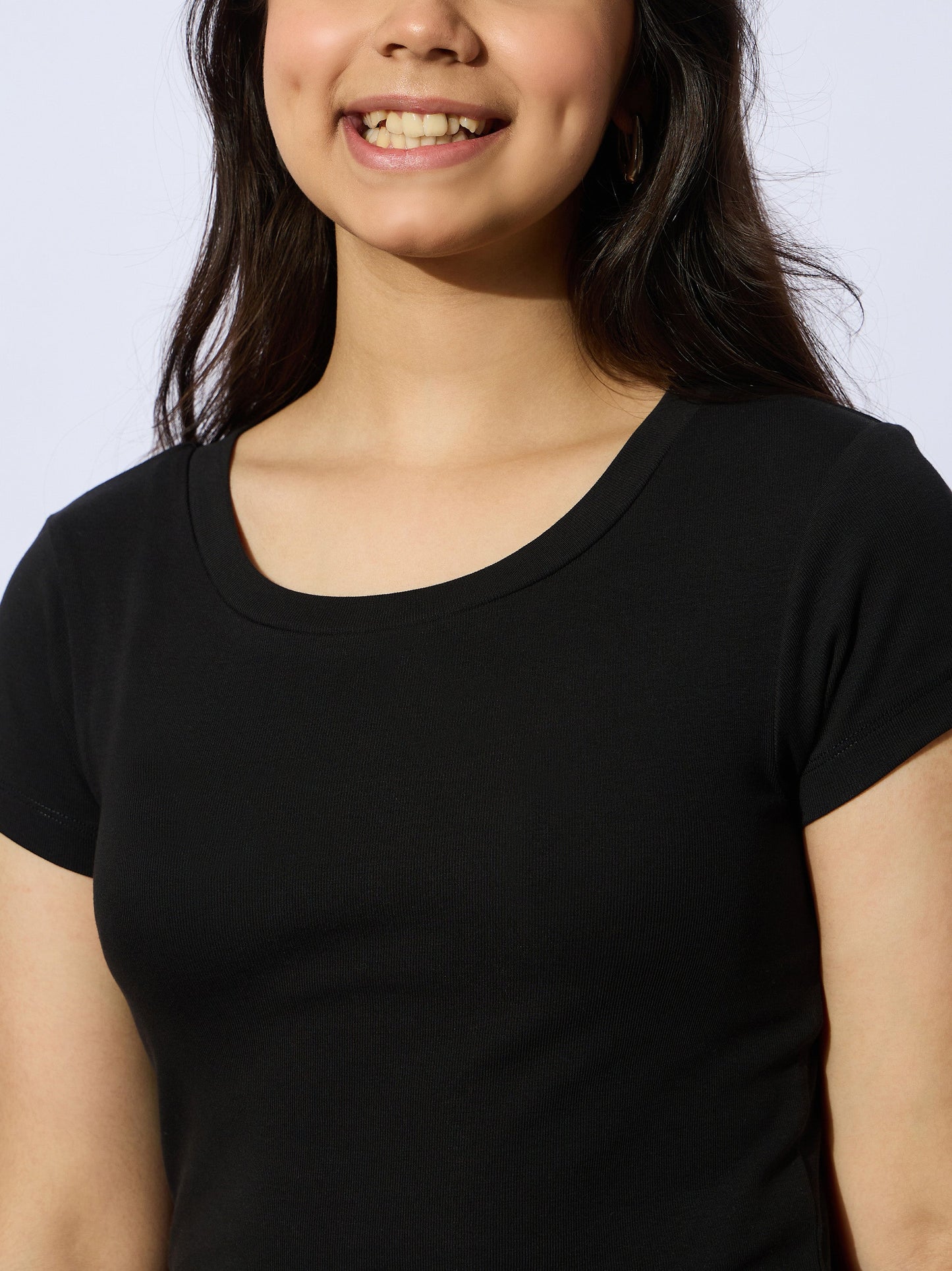 Girls Black Rib Round Neck Short Sleeves Top