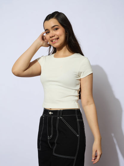 Girls White Rib Round Neck Short Sleeves Top