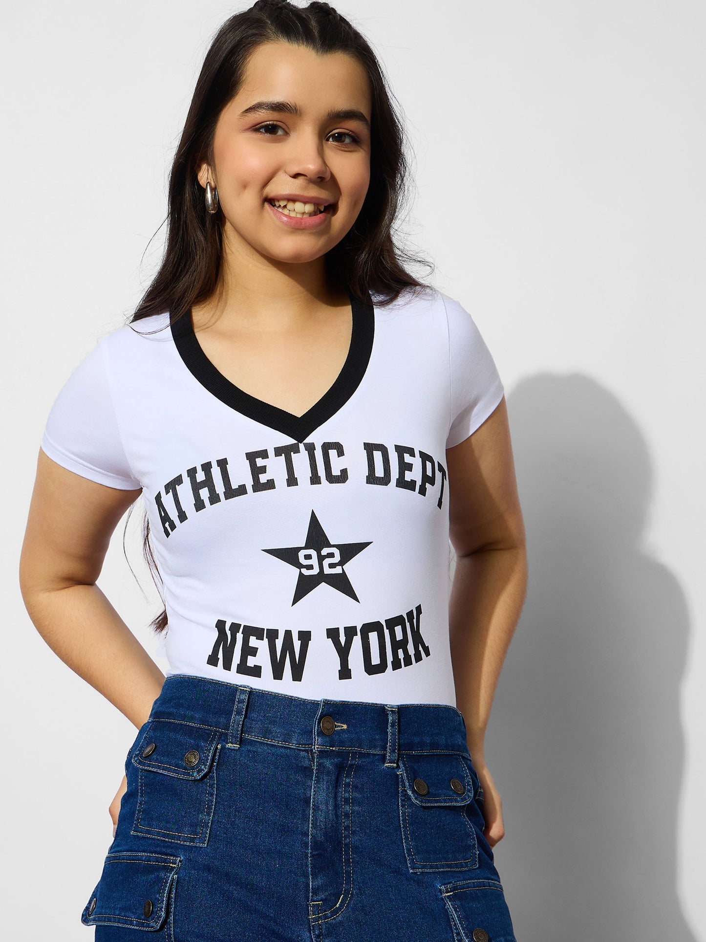 Girls White NEW YORK Print Cotton Spandex Crop T-shirt