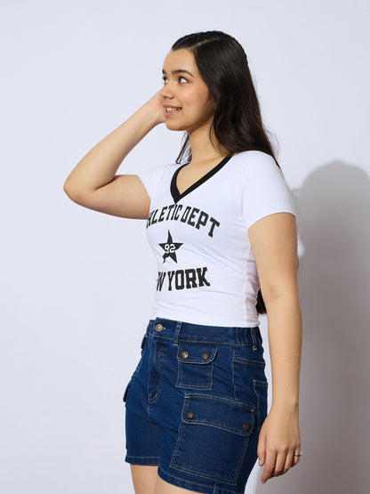 Girls White NEW YORK Print Cotton Spandex Crop T-shirt