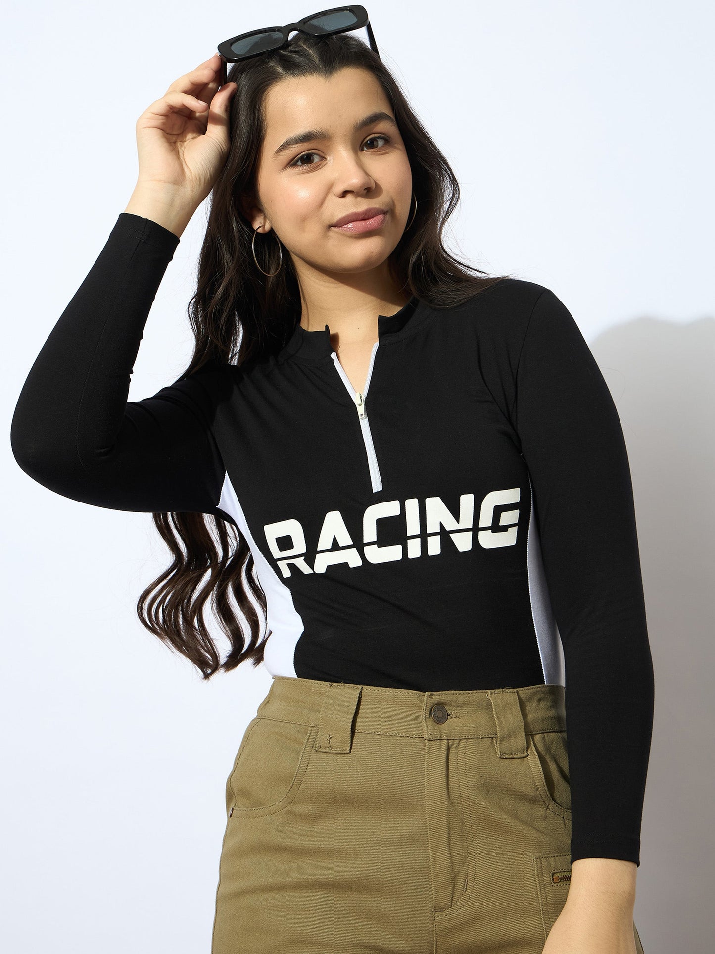 Girls Black RACING Print Cotton Spandex Zipper T-shirt