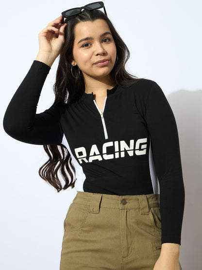 Girls Black RACING Print Cotton Spandex Zipper T-shirt