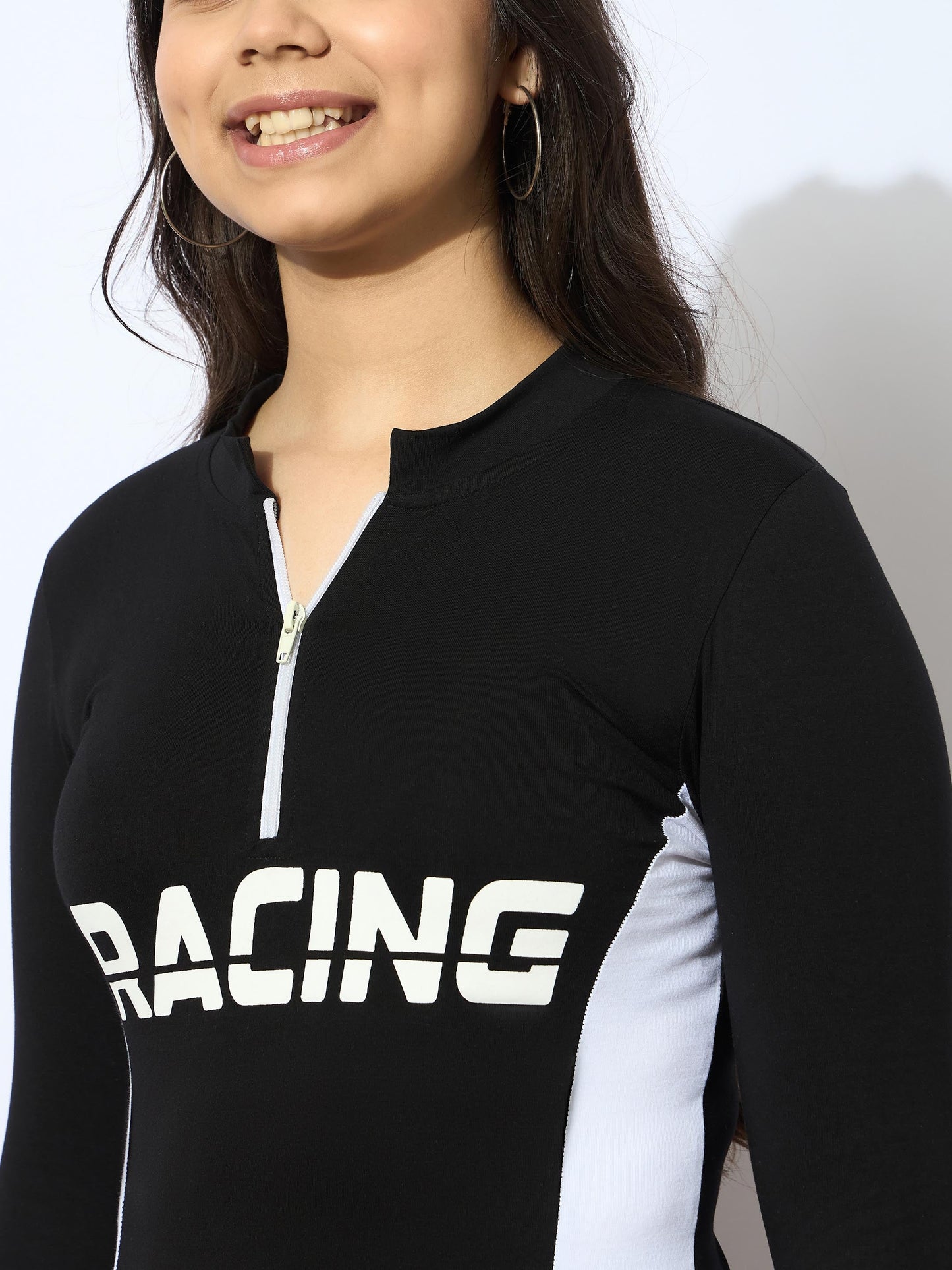 Girls Black RACING Print Cotton Spandex Zipper T-shirt