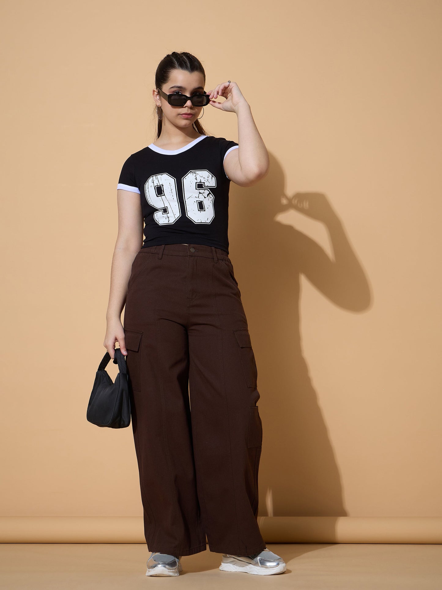 Girls Black 96 Print Cotton Spandex V Neck T-shirt