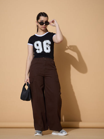 Girls Black 96 Print Cotton Spandex V Neck T-shirt
