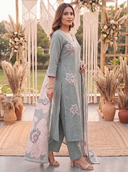 Sea Green Petal Soft Kurta Dupatta Pant Set