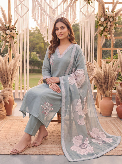 Sea Green Petal Soft Kurta Dupatta Pant Set