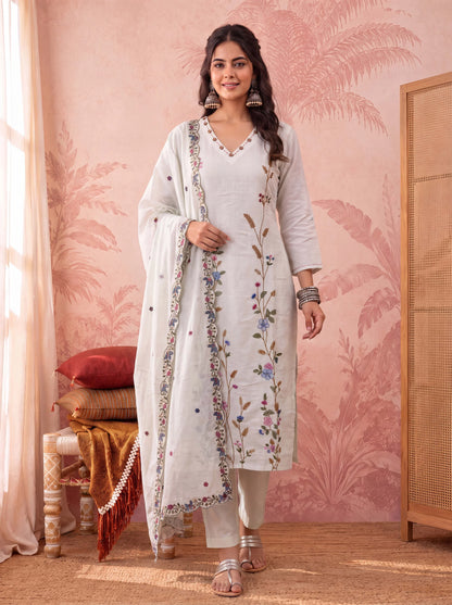 Linen Embroidered Kurta Dupatta Pant Set