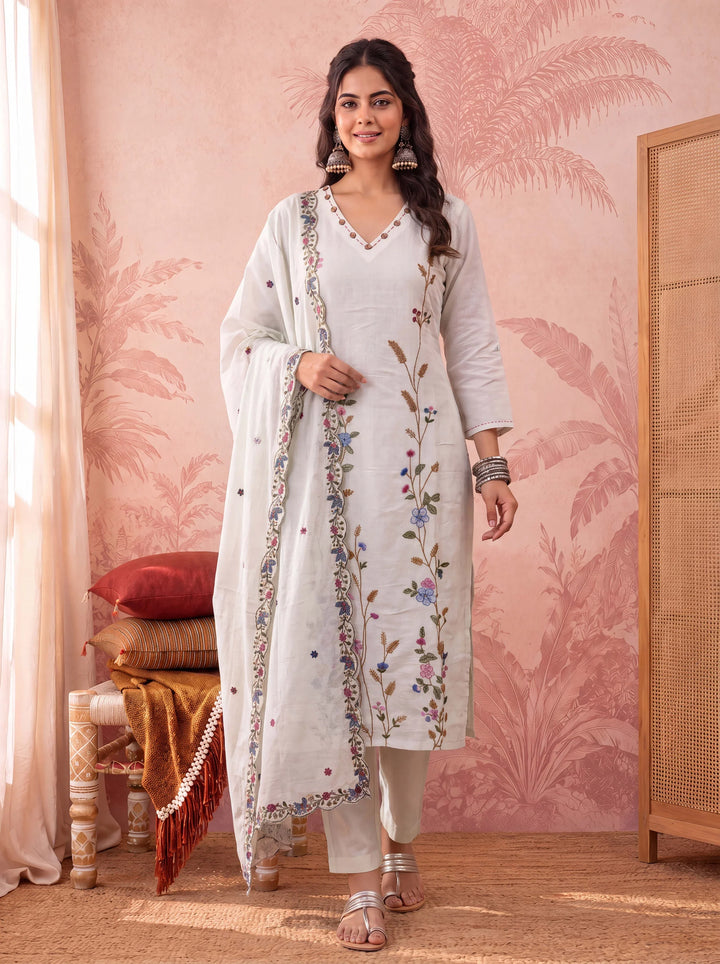 Linen Embroidered Kurta Dupatta Pant Set