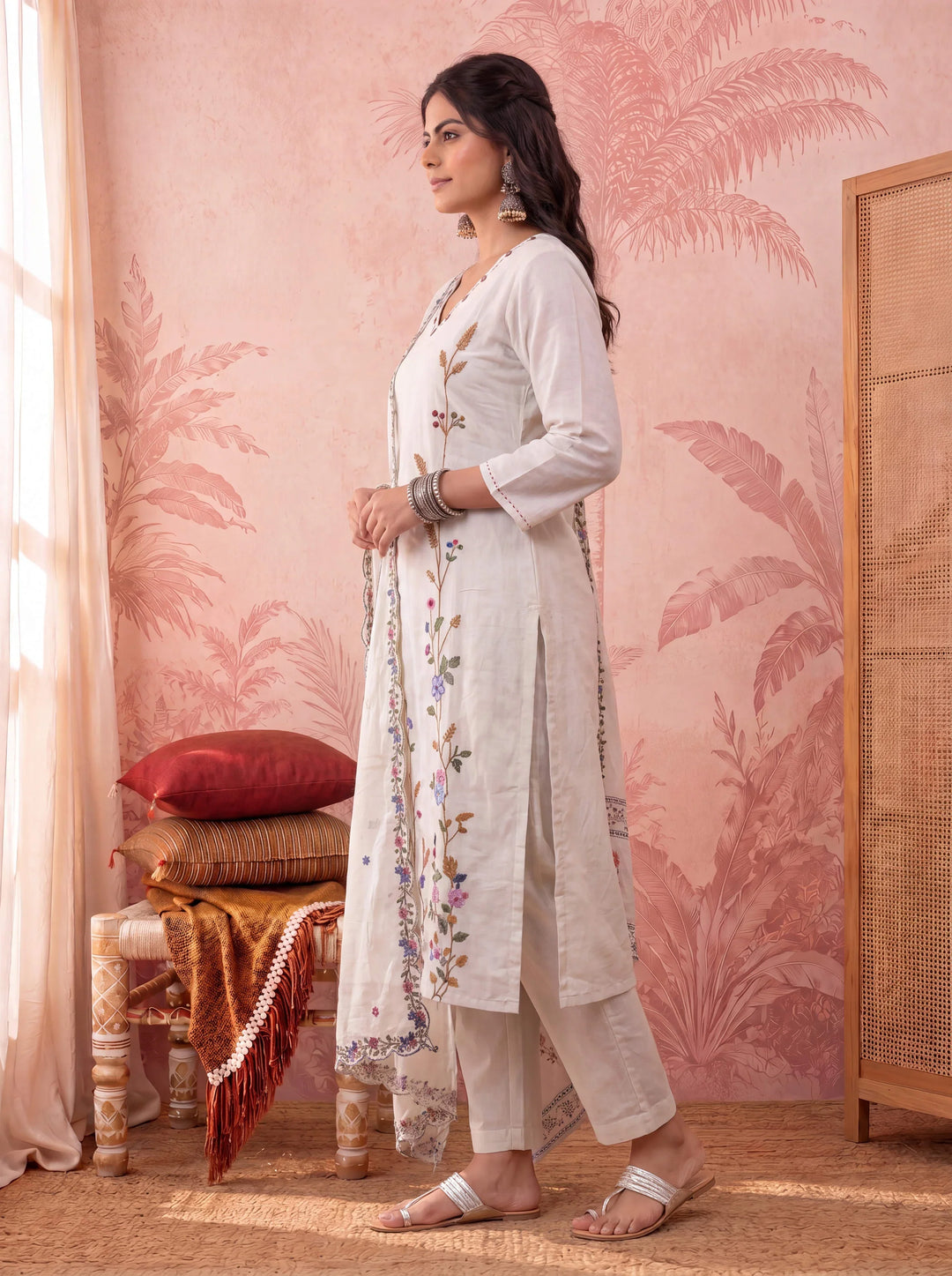 Linen Embroidered Kurta Dupatta Pant Set