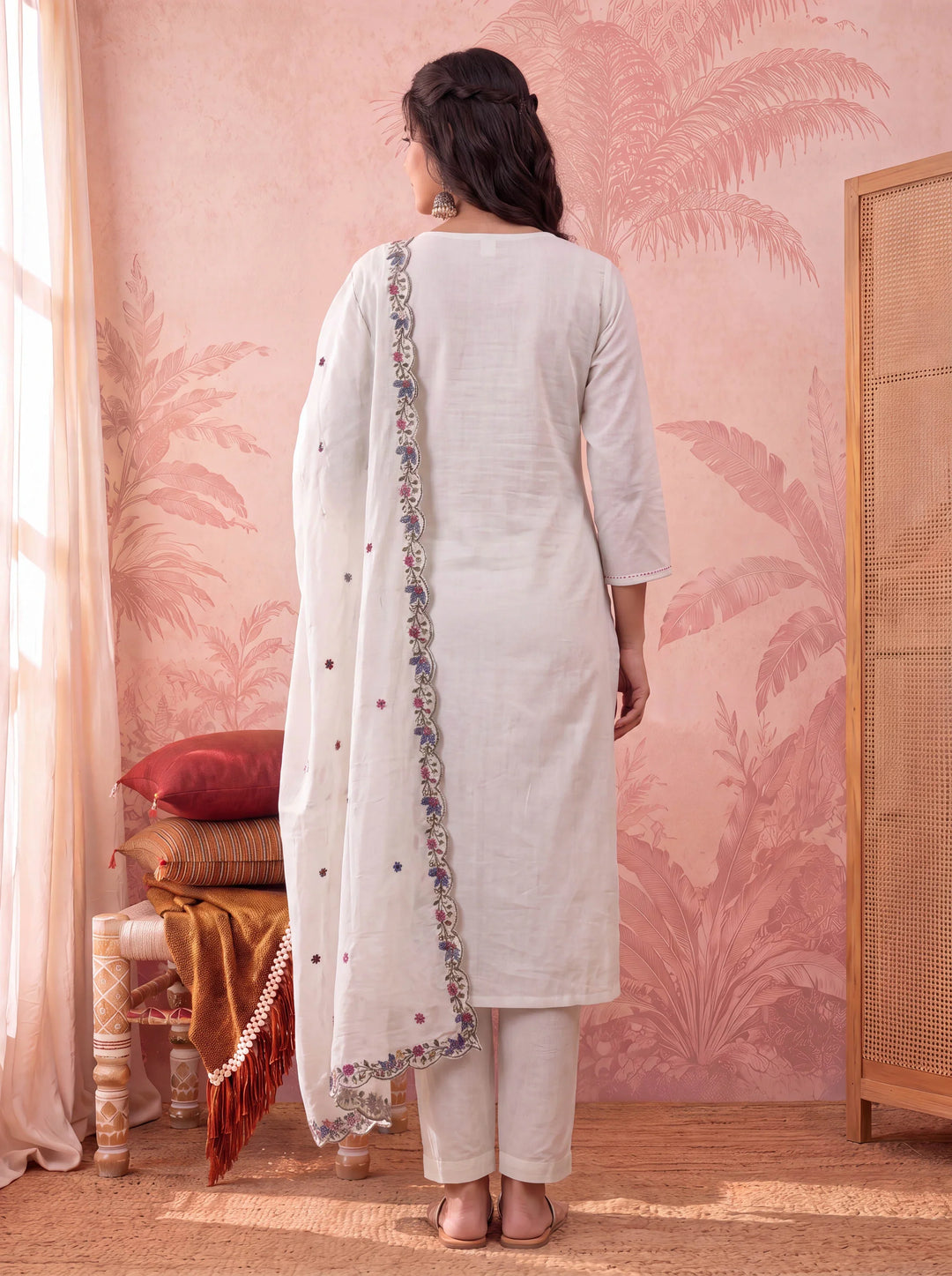 Linen Embroidered Kurta Dupatta Pant Set