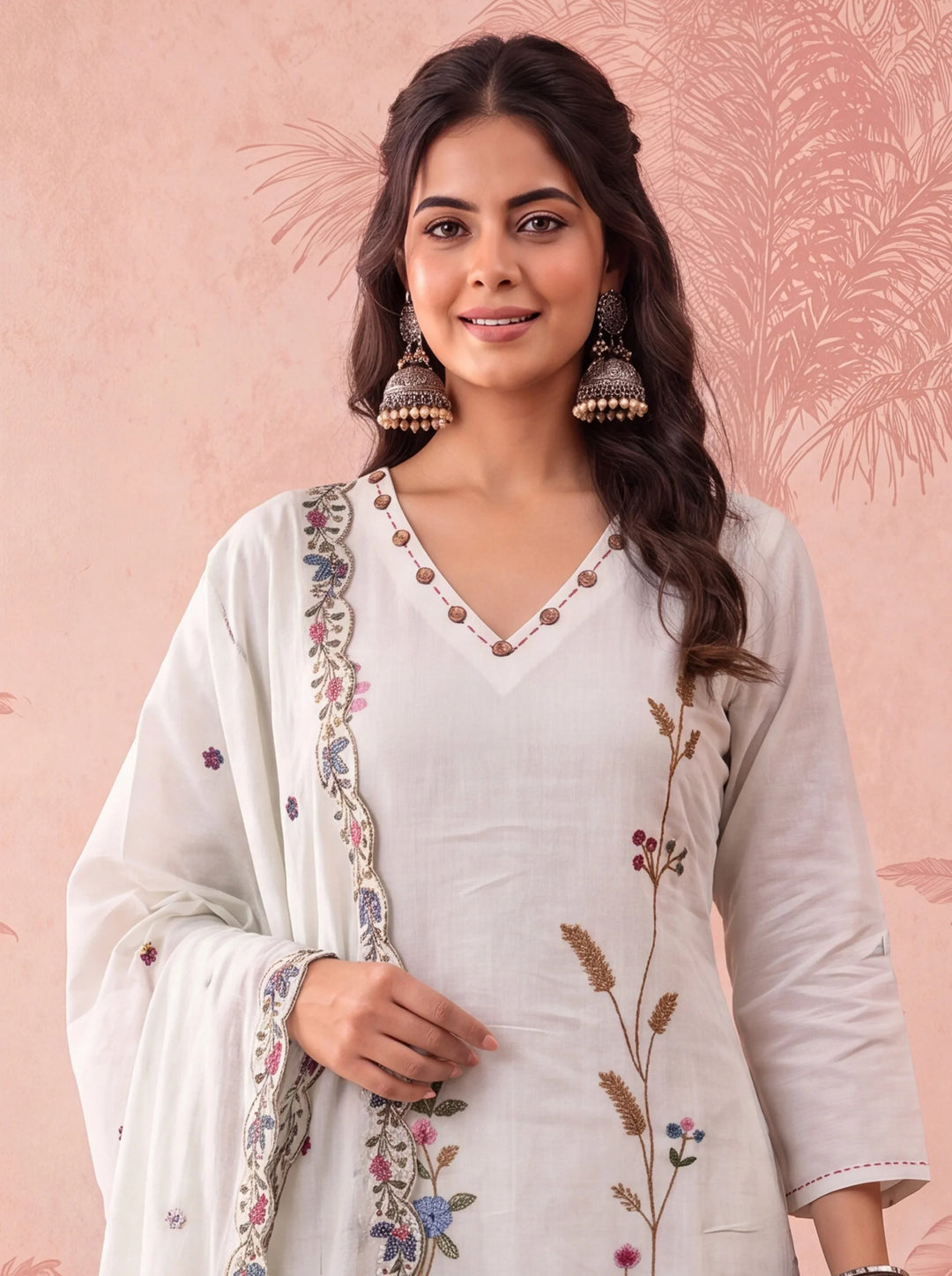 Linen Embroidered Kurta Dupatta Pant Set