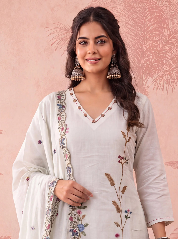 Linen Embroidered Kurta Dupatta Pant Set