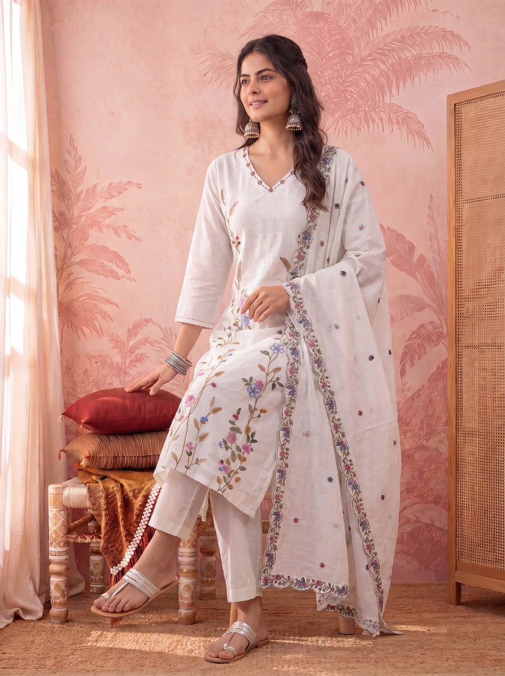 Linen Embroidered Kurta Dupatta Pant Set