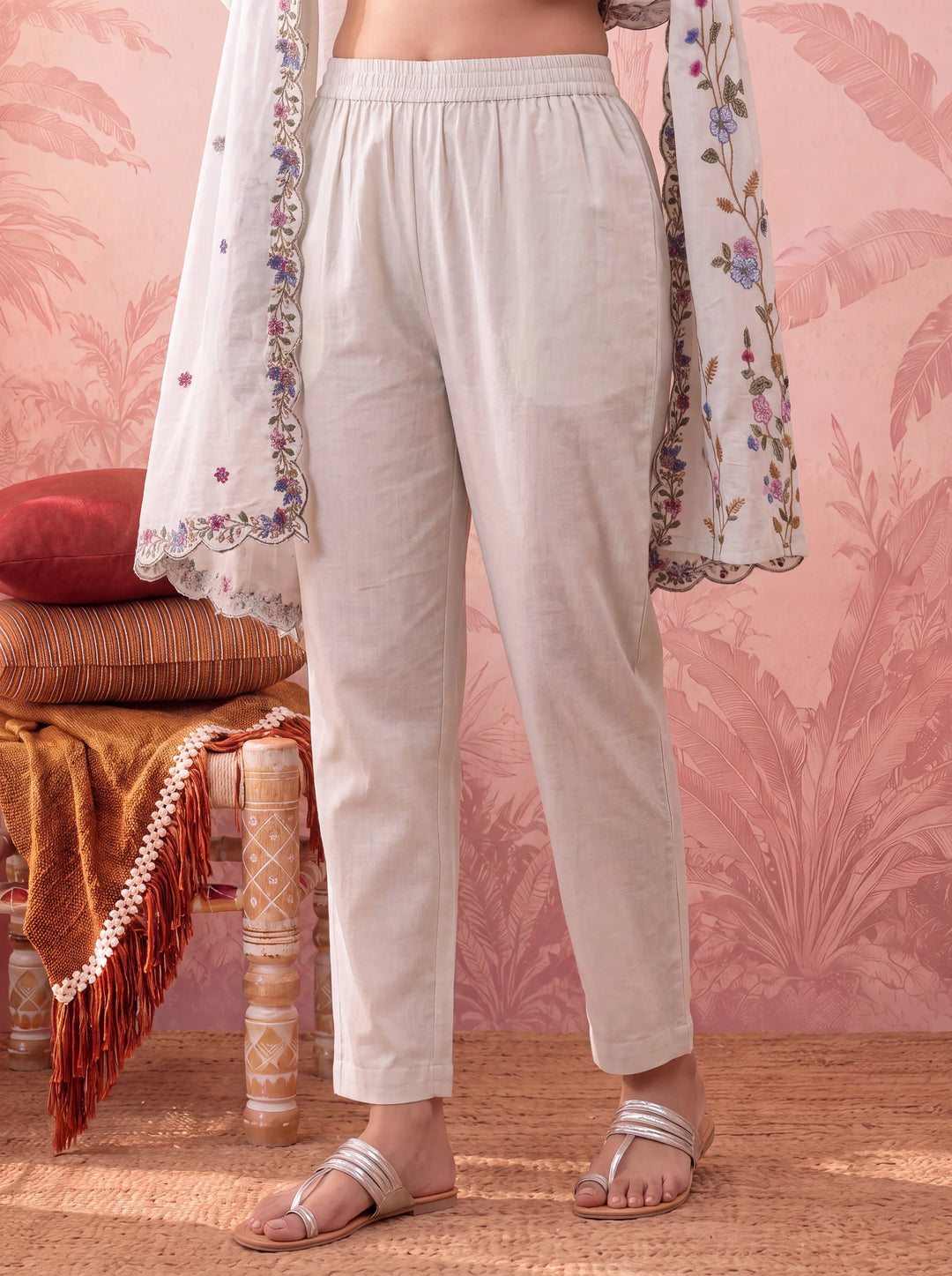 Linen Embroidered Kurta Dupatta Pant Set