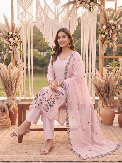 Peach Mal Linen Kurta Dupatta Pant Set