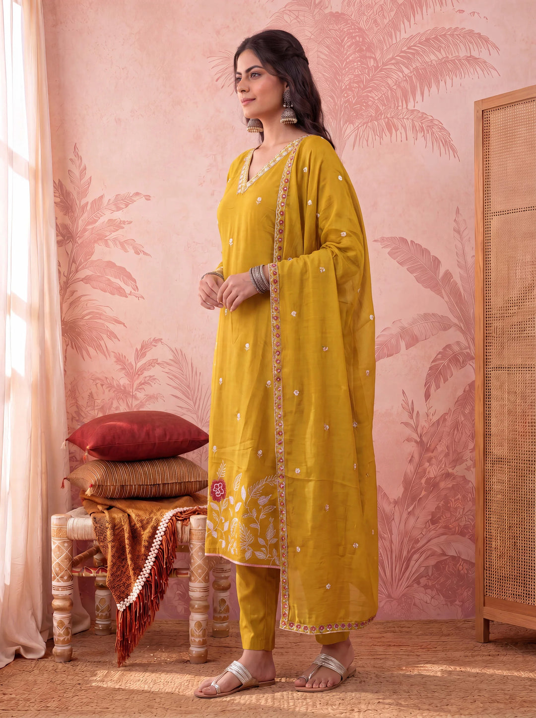 Straight Chanderi Silk Thared Work Kurta Trouser Dupatta Set