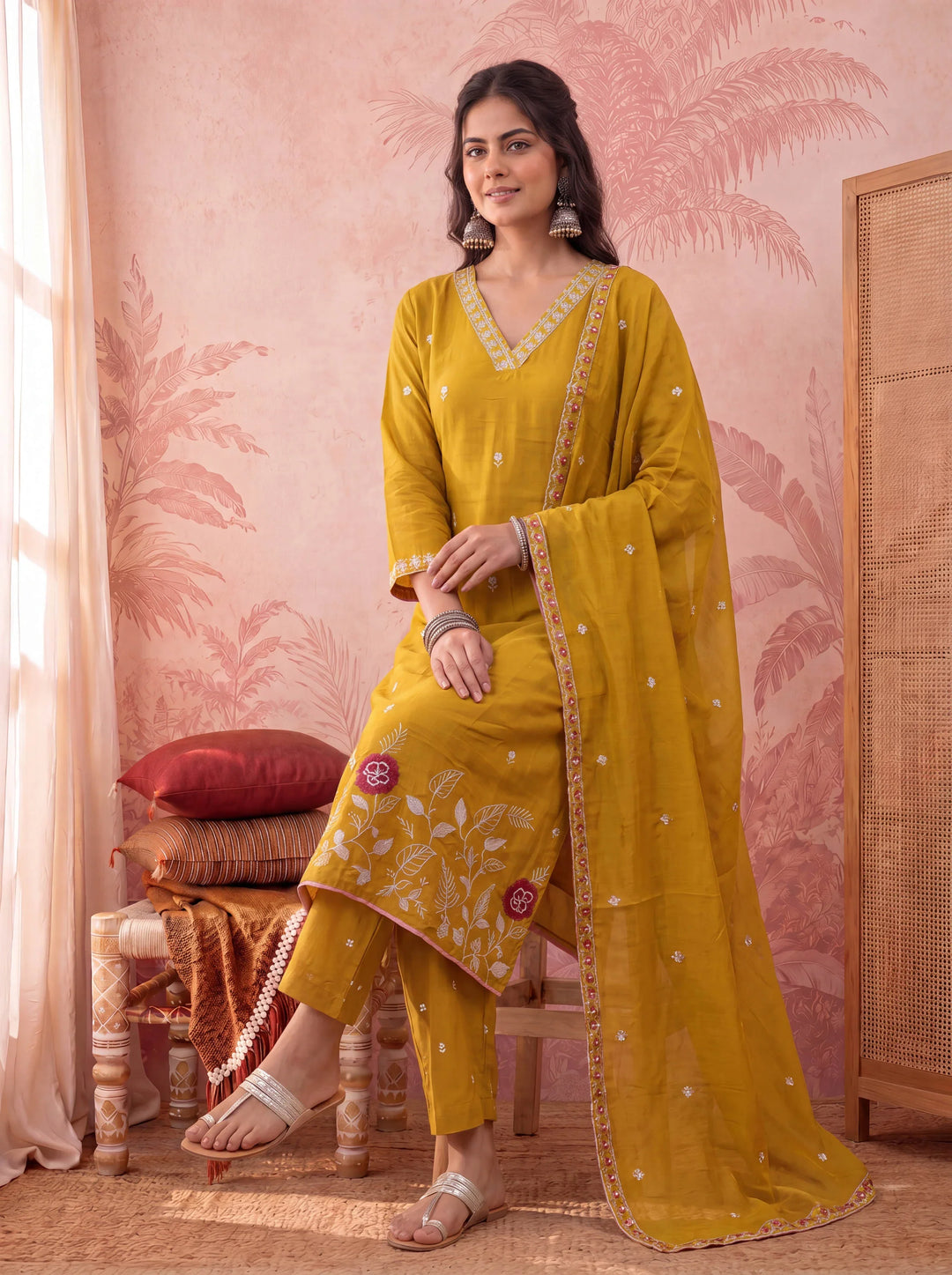 Straight Chanderi Silk Thared Work Kurta Trouser Dupatta Set