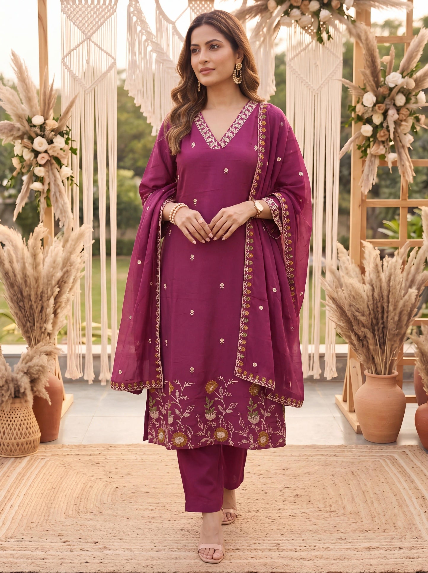 Purple Mal Chanderi Kurta Dupatta Pant Set