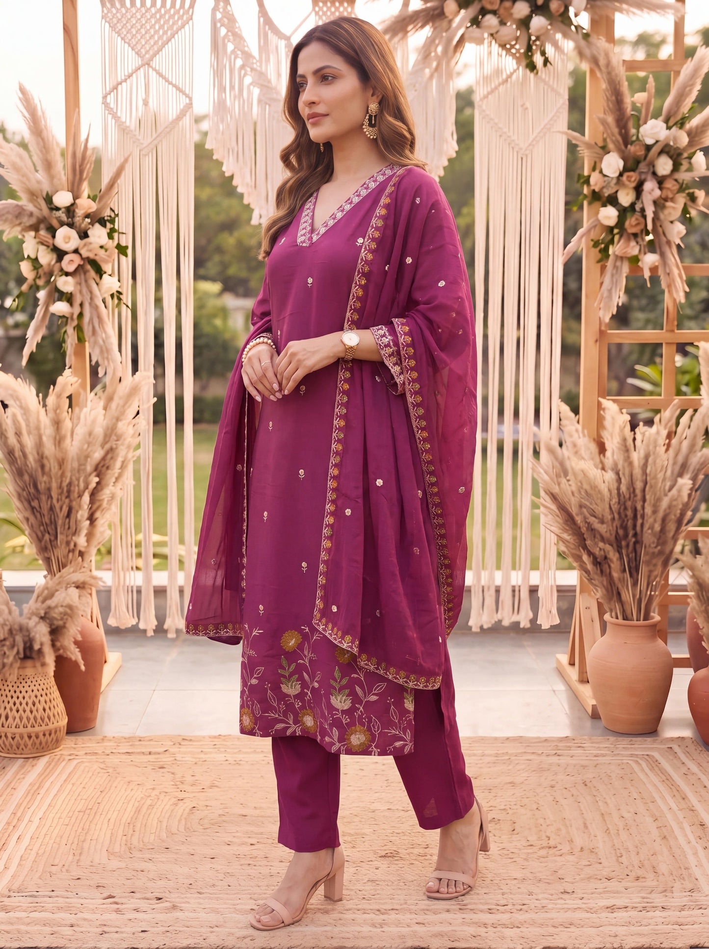 Purple Mal Chanderi Kurta Dupatta Pant Set