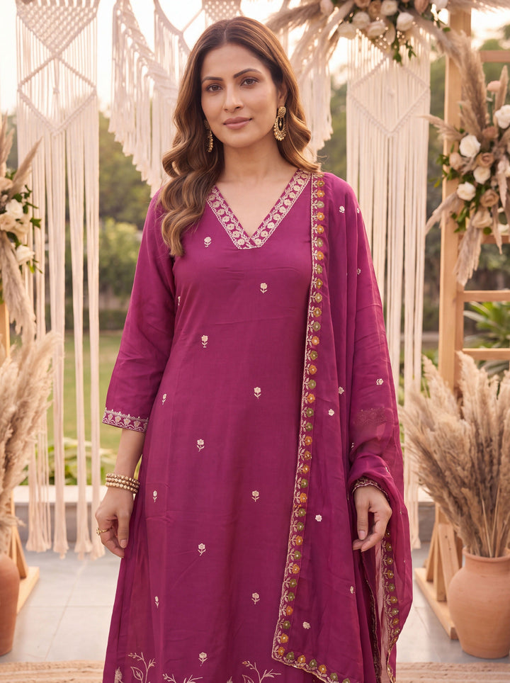 Purple Mal Chanderi Kurta Dupatta Pant Set