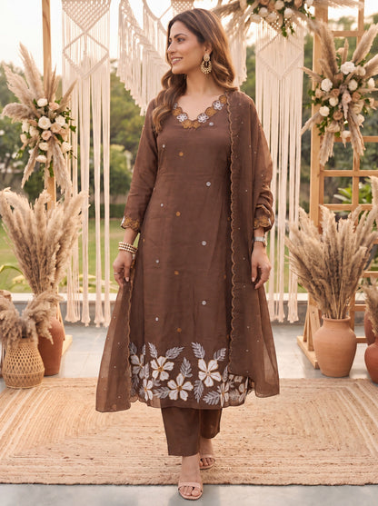 Brown Mal Chanderi Kurta Dupatta Pant Set