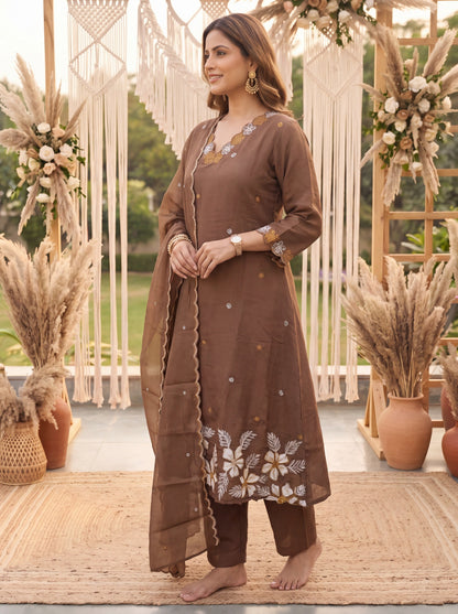 Brown Mal Chanderi Kurta Dupatta Pant Set