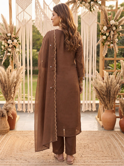 Brown Mal Chanderi Kurta Dupatta Pant Set
