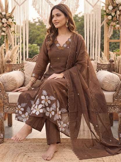 Brown Mal Chanderi Kurta Dupatta Pant Set