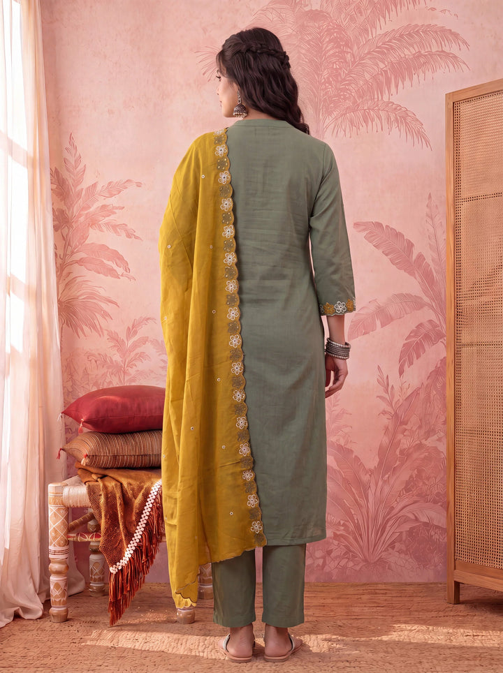 Straight Chanderi Silk Thared Work Kurta Trouser Dupatta Set