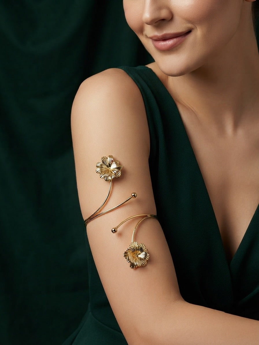 Women Gold-Toned Leaf Design Adjustable Cuff Armlet
