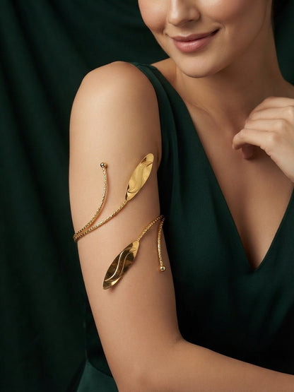 Women Gold-Toned Leaf Design Adjustable Cuff Armlet