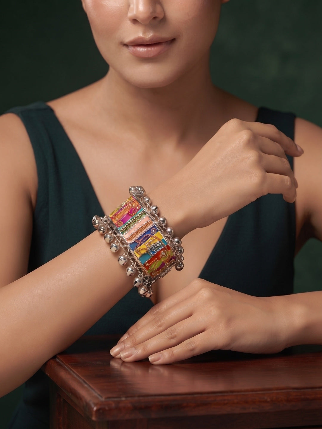 Multicolor Oxidised Ghungroo Cuff Bracelet