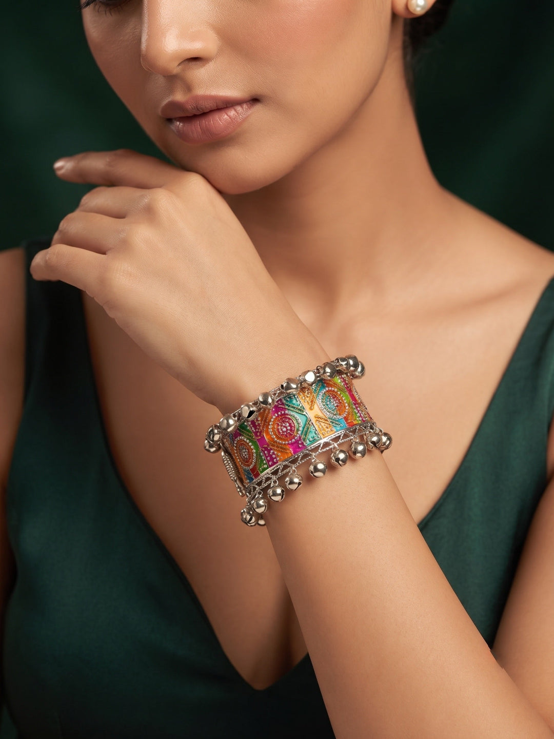 Multicolor Oxidised Ghungroo Cuff Bracelet