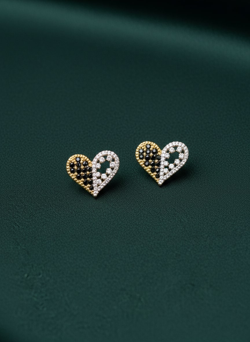 Unique Gold &amp; Silver Diamond Heart Studs