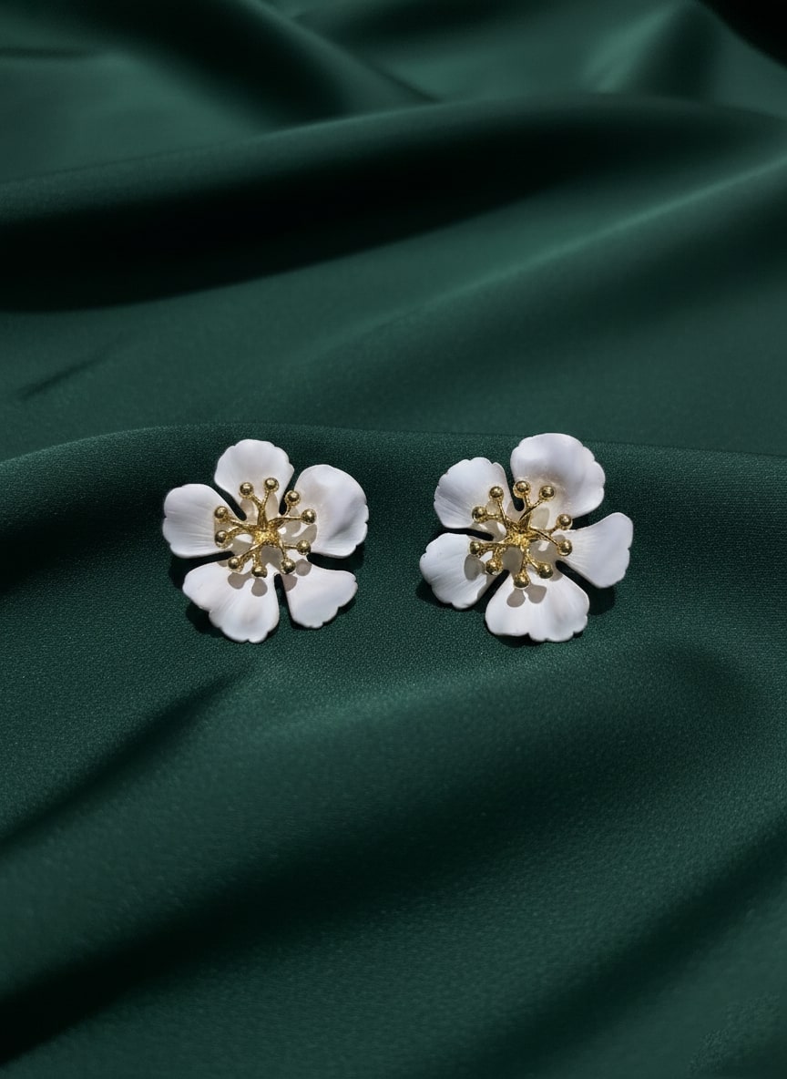 White &amp; Gold Flower Clasic Studded Earrings