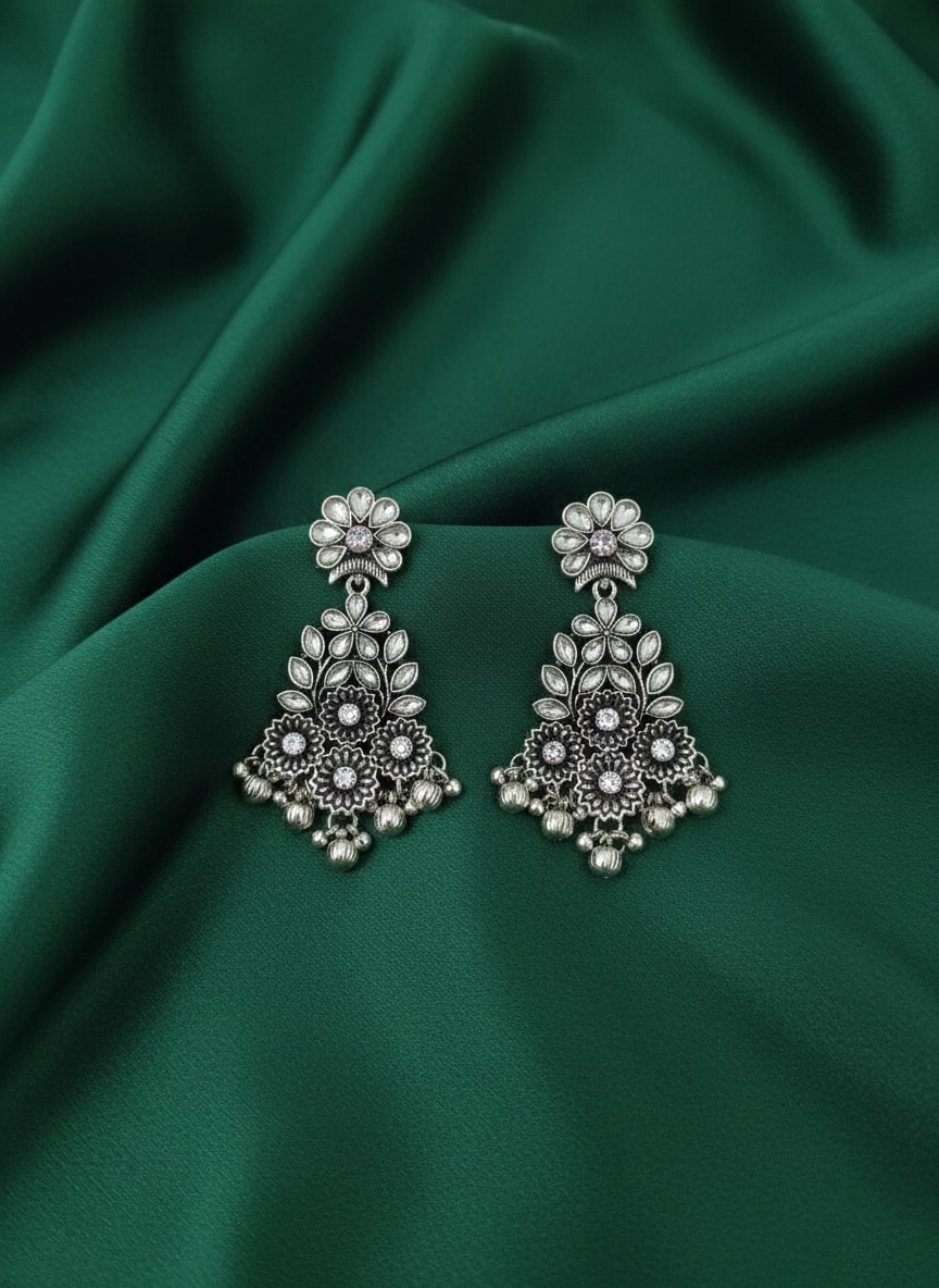 German Silver Stone &amp; Beaded Drop Earrings