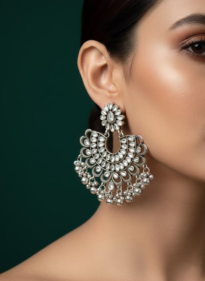 Circular Stone &amp; Beaded Oxidised Drop Earrings