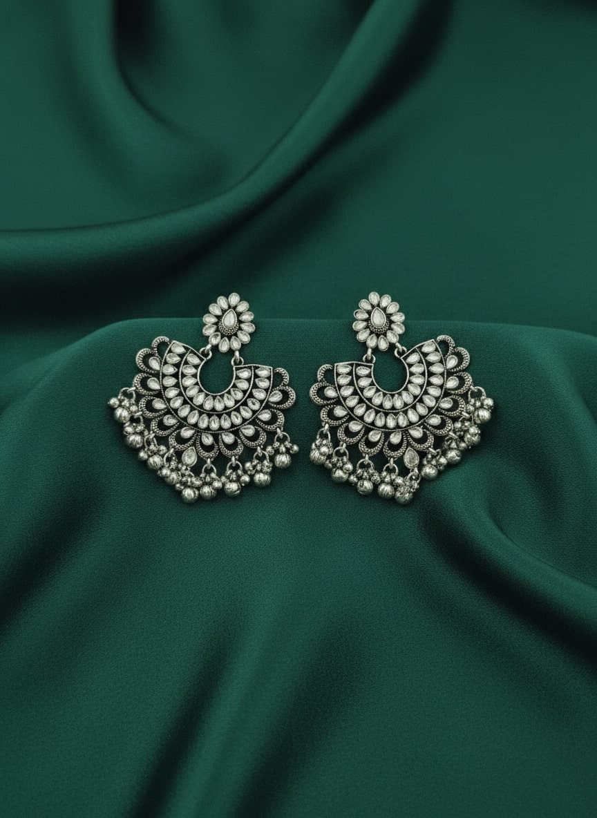 Circular Stone &amp; Beaded Oxidised Drop Earrings