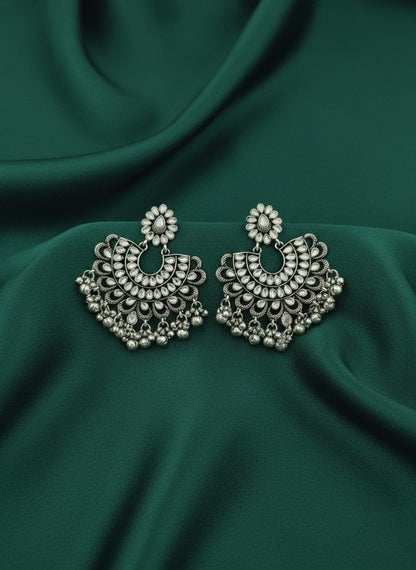 Circular Stone & Beaded Oxidised Drop Earrings