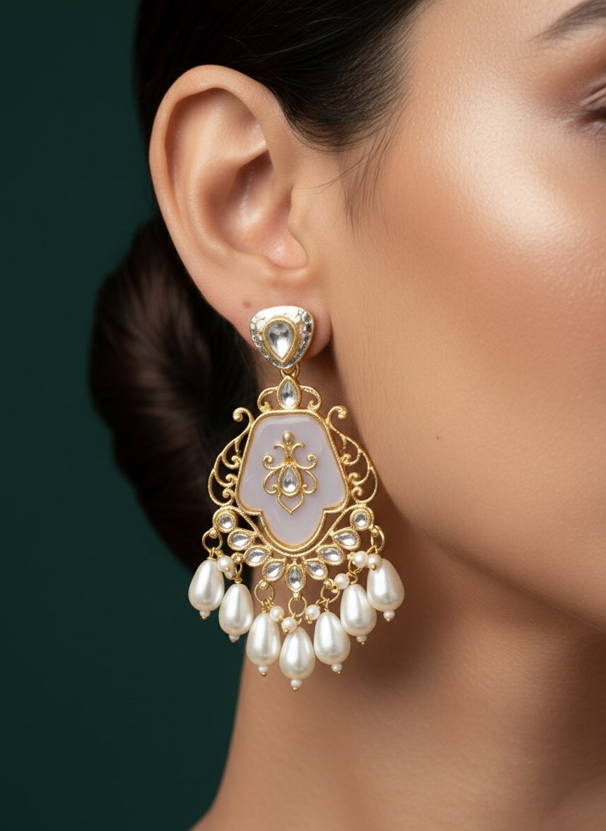 Elegant Peach-Coloured Kundan &amp; Faux Pearl Earrings