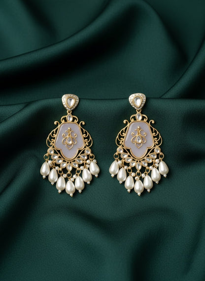 Elegant Peach-Coloured Kundan & Faux Pearl Earrings